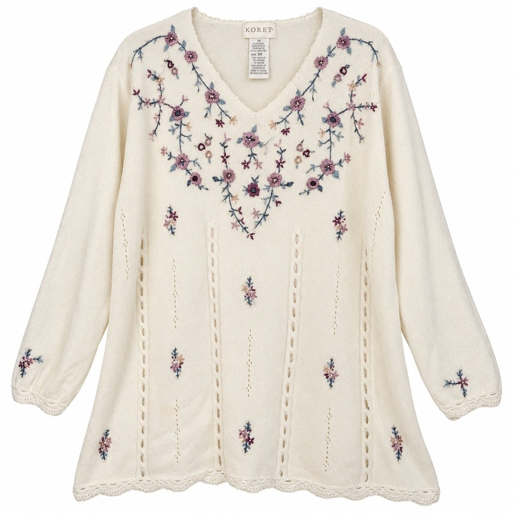 Koret Embroidered Floral Knit Top Womens 3X Cream V-Neck Good Cottagecore